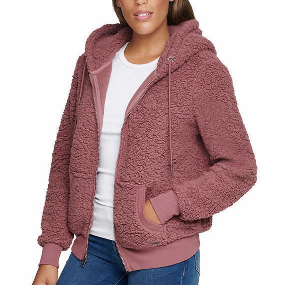 Marc New York Fleece Zip Jacket Sherpa Cozy Hooded Zip Jacket PINK NWT